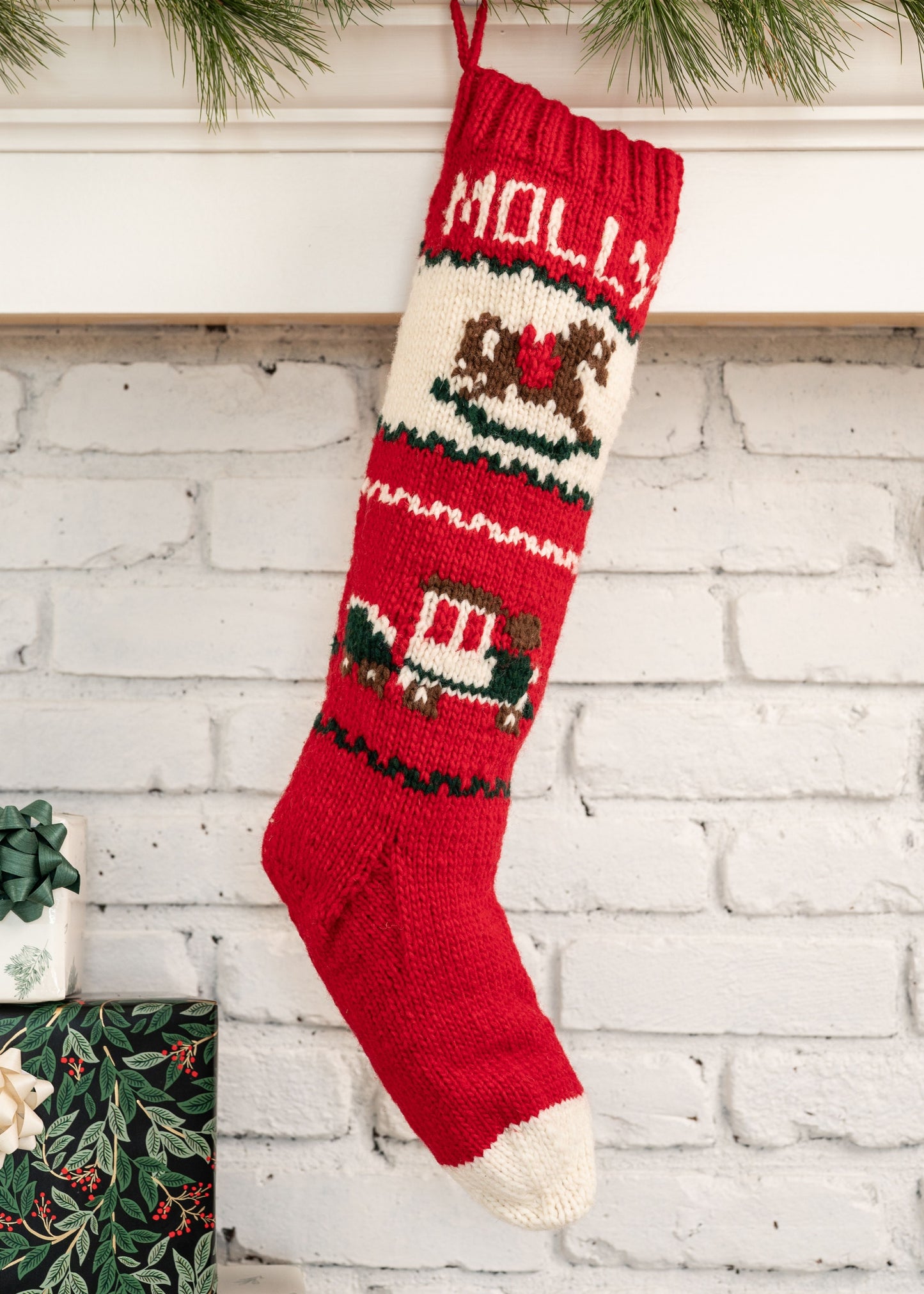 Red Personalized Christmas stocking making kit with a rocking horse and train designs