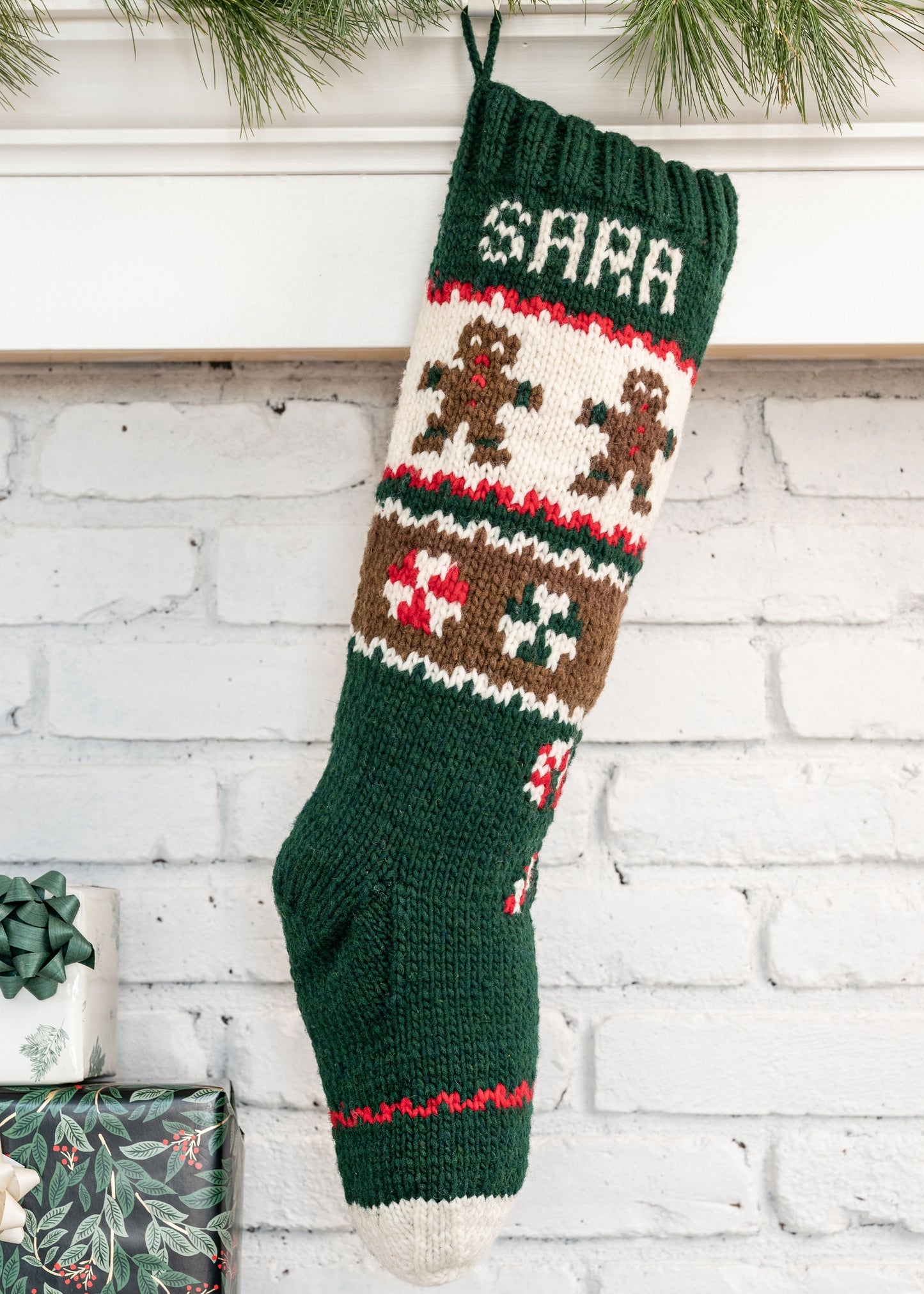 Personalized Christmas stocking knitting kit green with ginger cookie designs