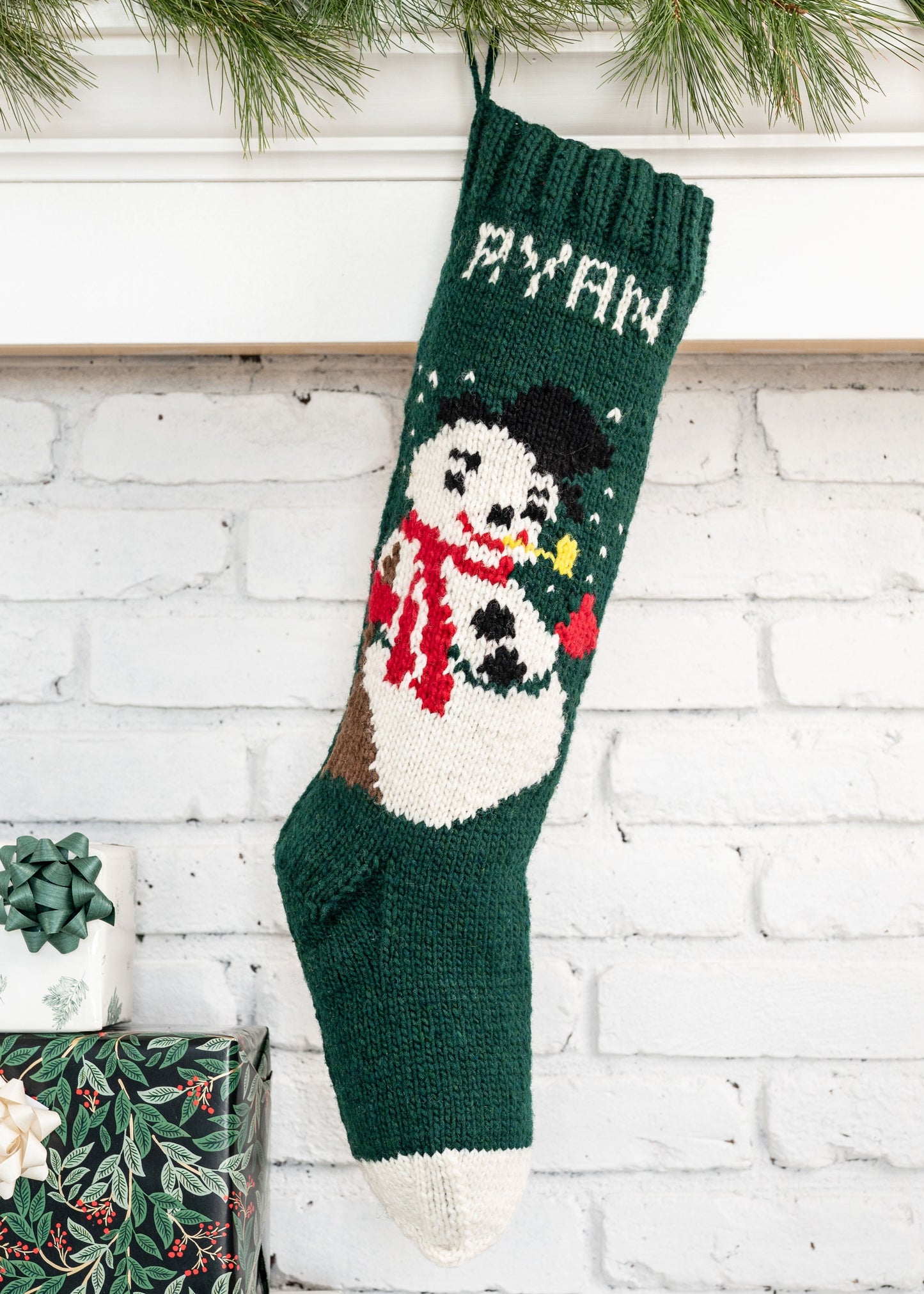 Personalized Christmas stocking knitting kit with a cute vintage snowman design