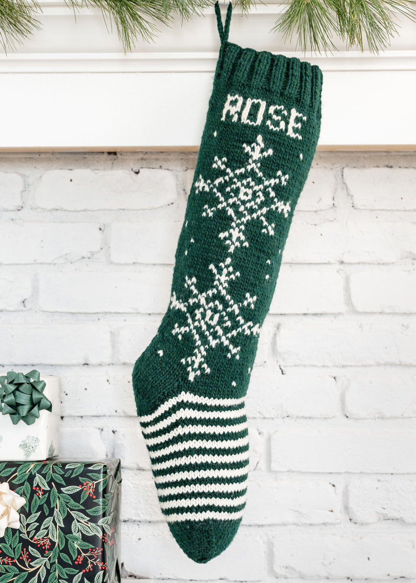 Green Christmas Stocking with white snowflakes knitting kit with personalization