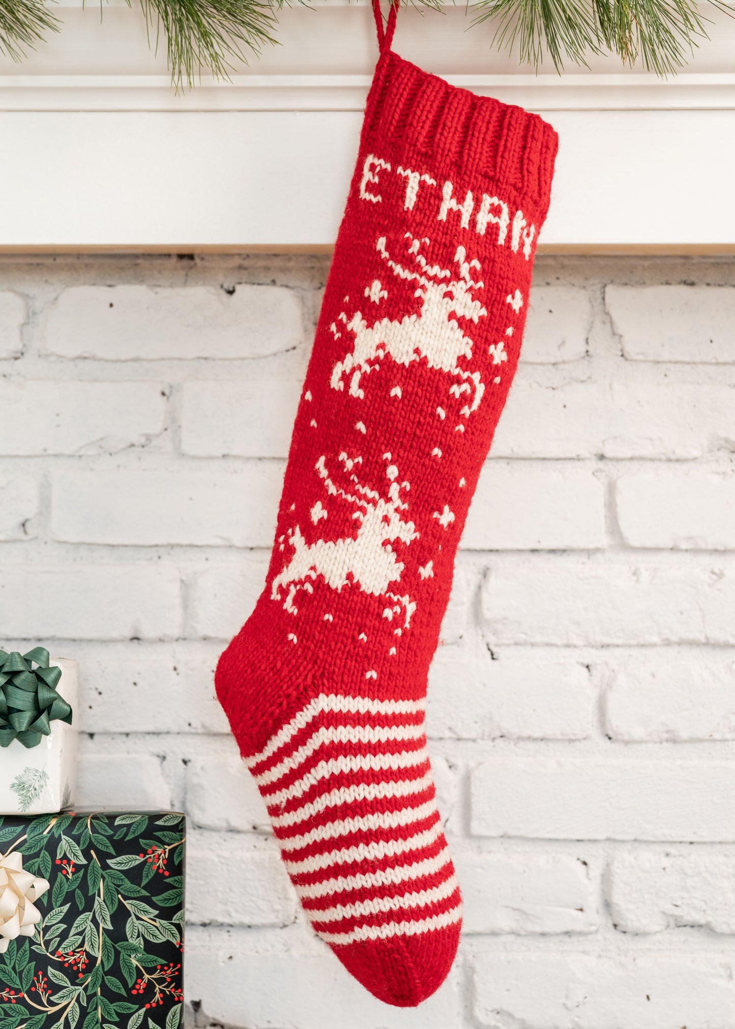 Personalized Christmas stocking making kit for knitters featuring a reindeer design