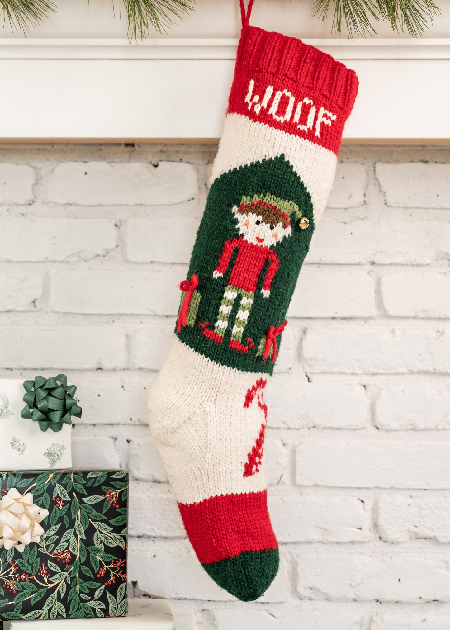 Personalized Chirstmas Stocking Knit with an elf and gifts