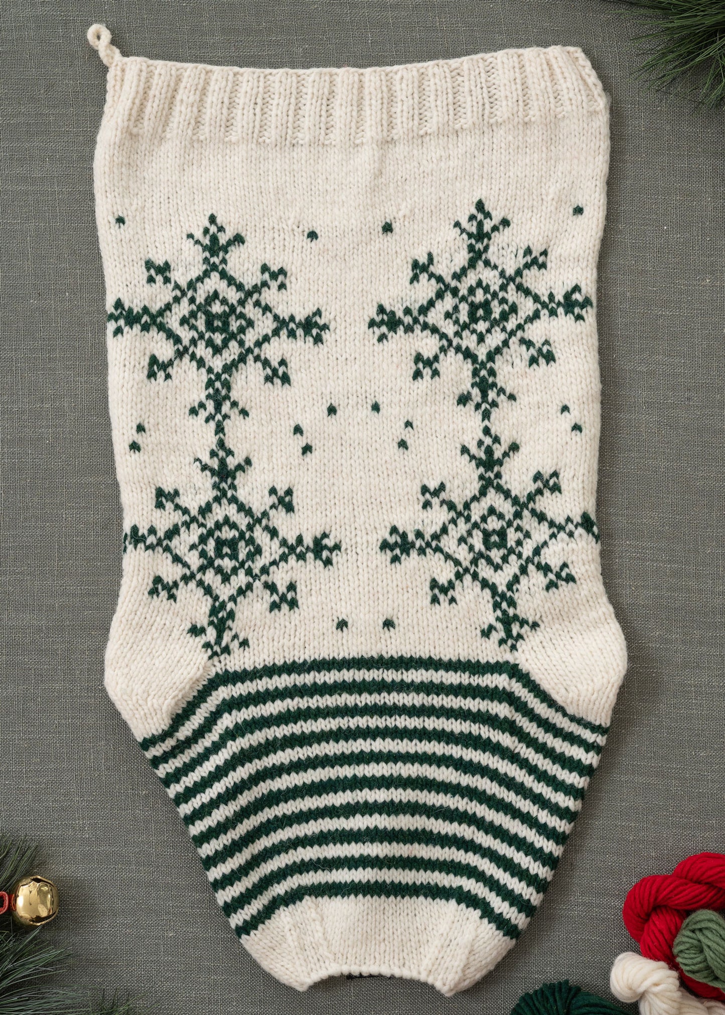 Personalized Christmas stocking knitting kit wool white green snowflakes flat