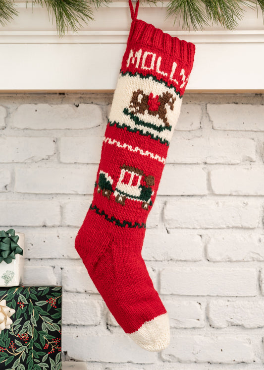 Red Personalized Christmas stocking making kit with a rocking horse and train designs