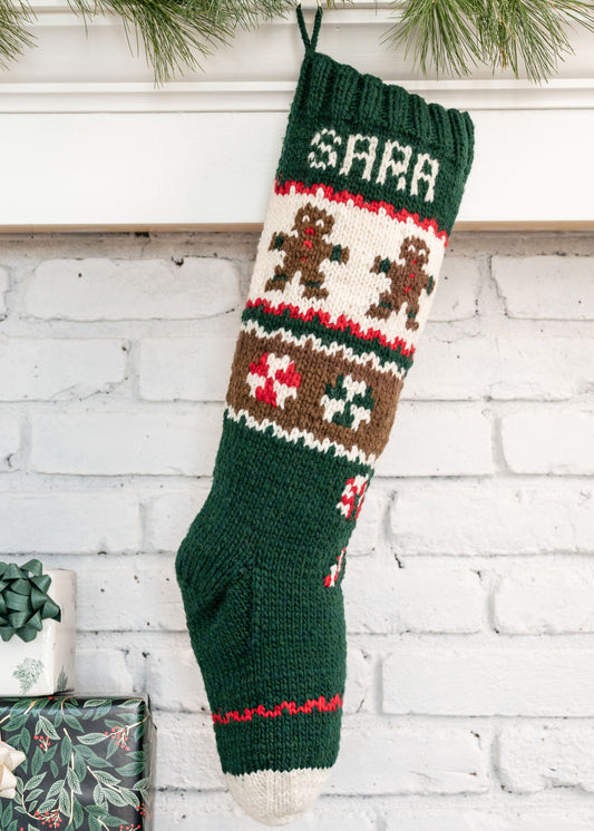 Personalized Christmas stocking knitting kit green with ginger cookie designs
