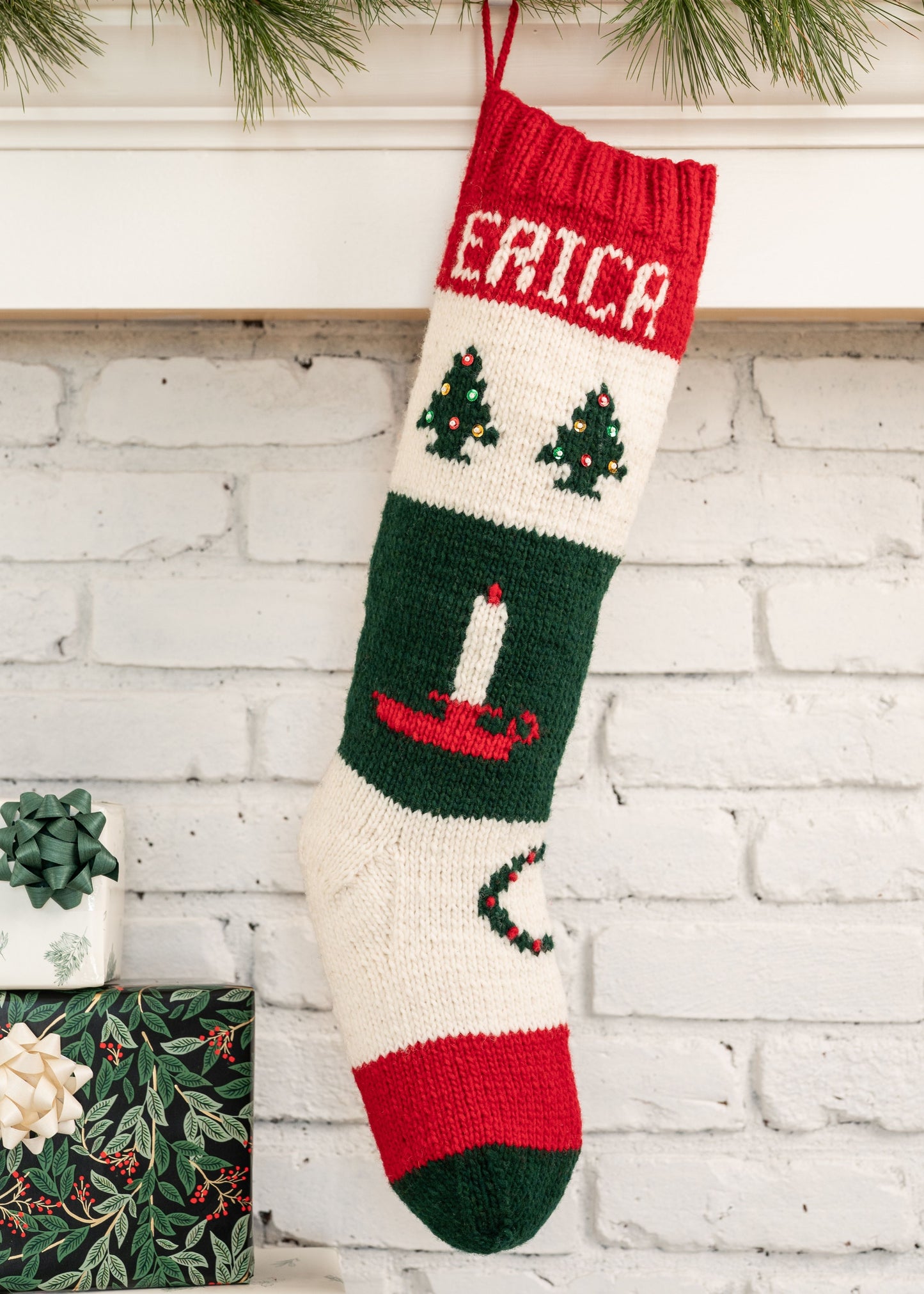 Classic Christmas Stocking Knitting Kit featuring vintage design with candle wreath and trees
