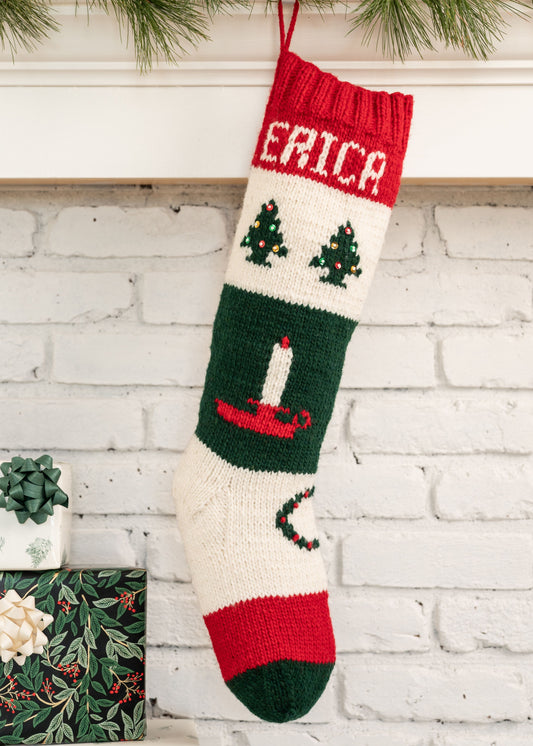 Classic Christmas Stocking Knitting Kit featuring vintage design with candle wreath and trees