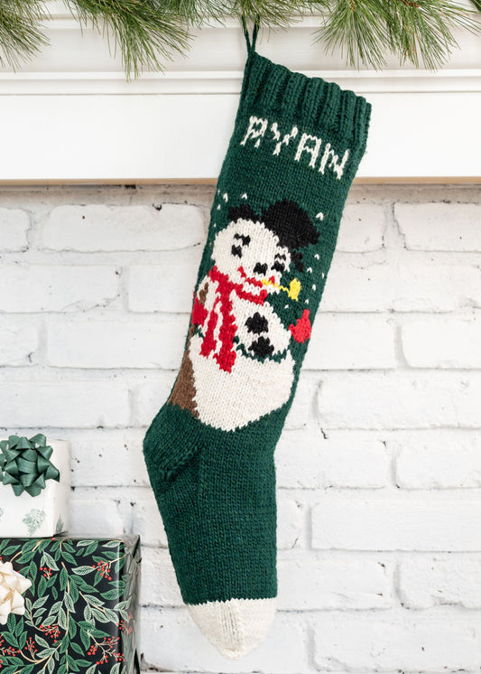 Personalized Christmas stocking knitting kit with a cute vintage snowman design