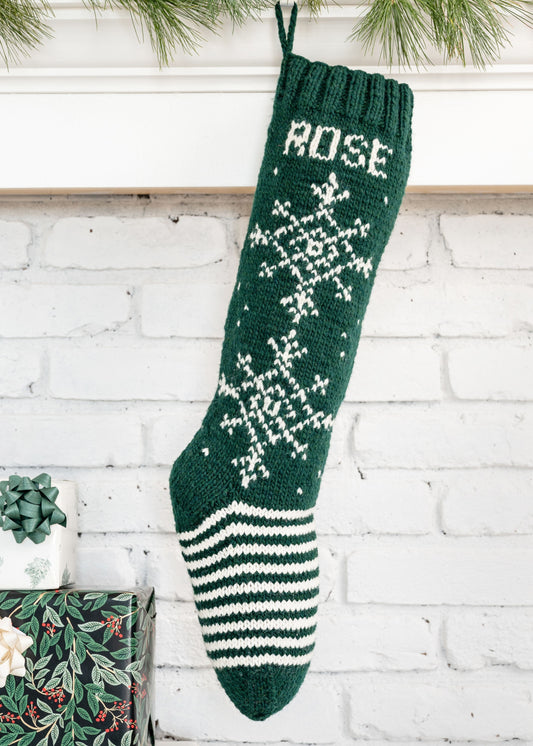 Green Christmas Stocking with white snowflakes knitting kit with personalization