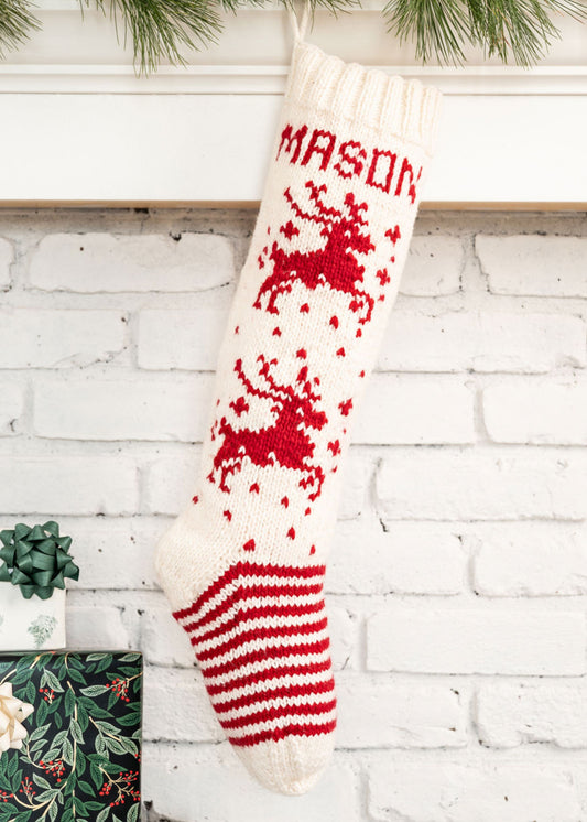 Personalized Christmas Stocking Knitting kit white stocking with red deer designs