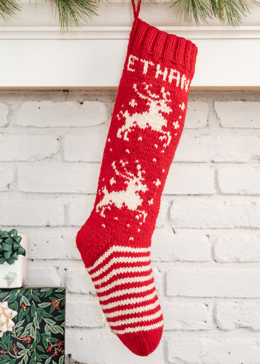 Personalized Christmas stocking making kit for knitters featuring a reindeer design