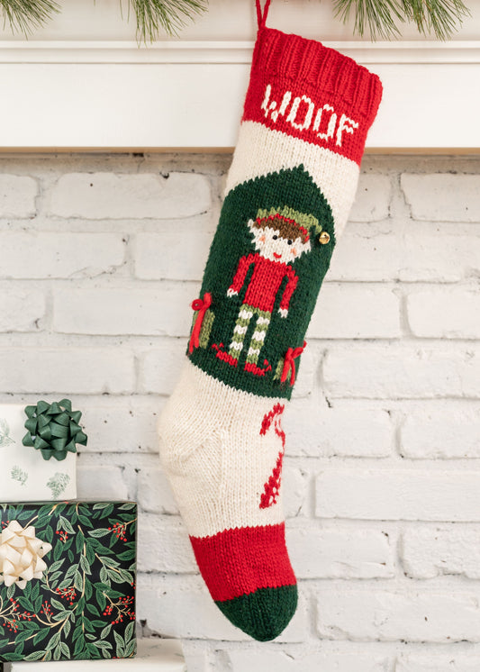 Personalized Chirstmas Stocking Knit with an elf and gifts