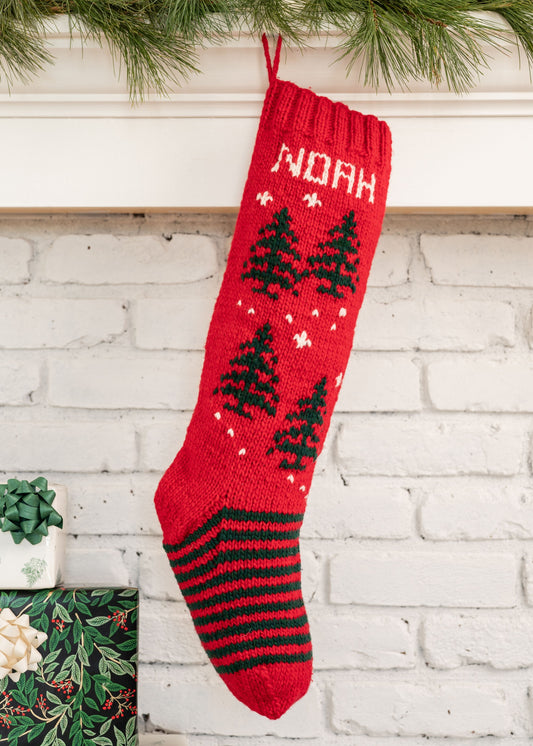 Red Personaized Christmas stocking with green trees knititng kit