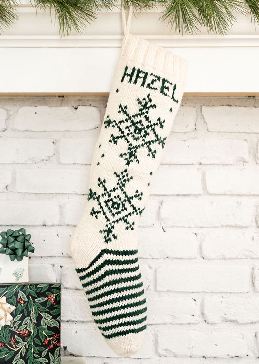 Personalized Christmas stocking knitting kit wool white green snowflakes