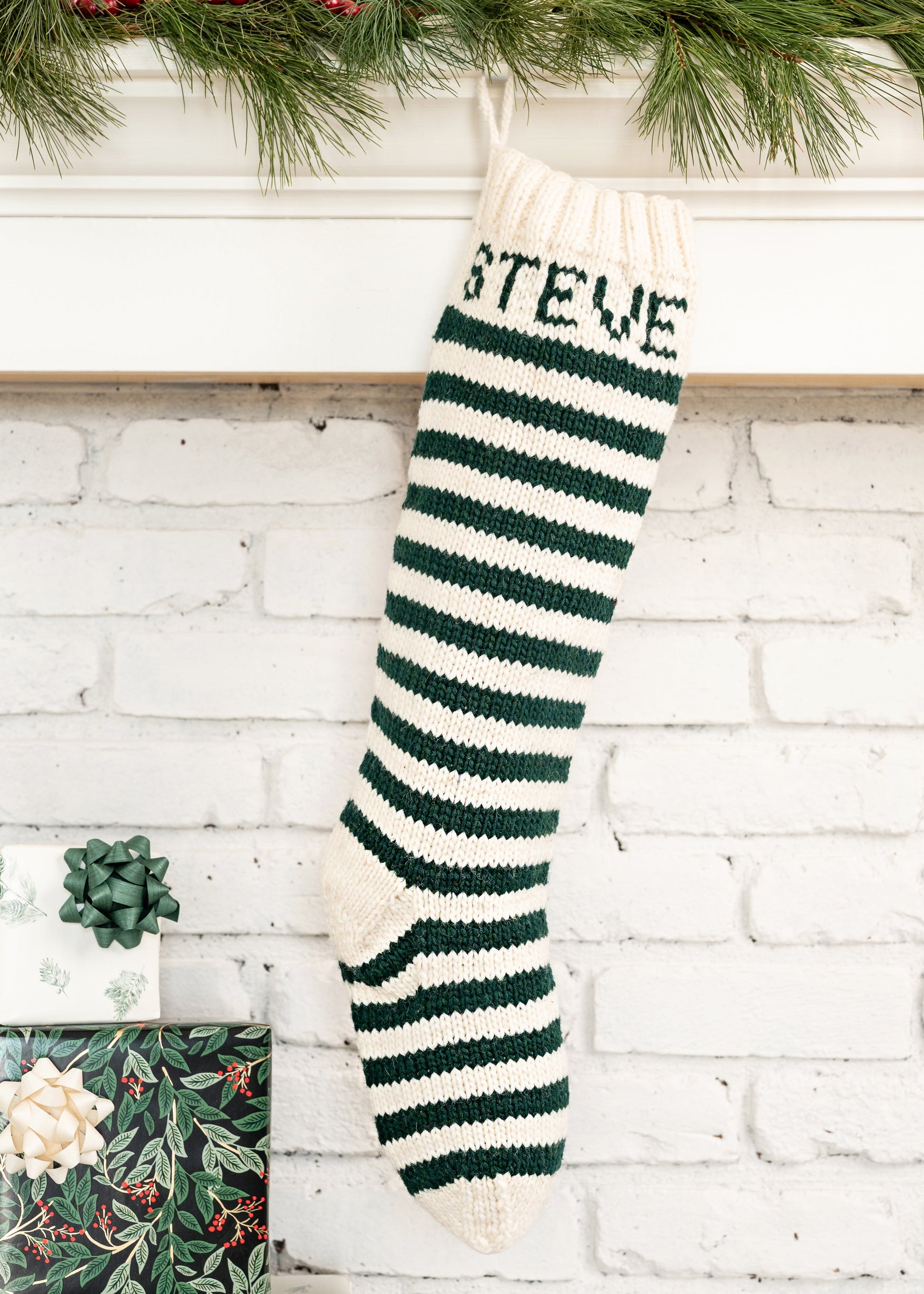 White Green striped Christmas stocking knitting kit