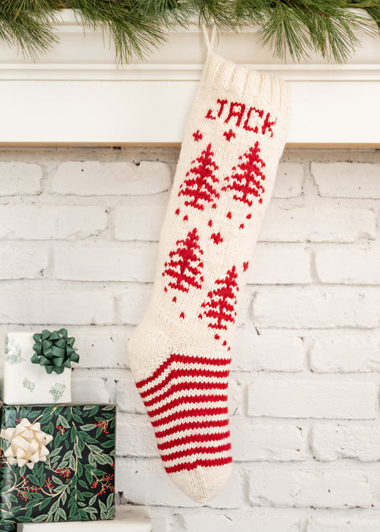 White Christmas Stocking Knitting kit with red tree accents