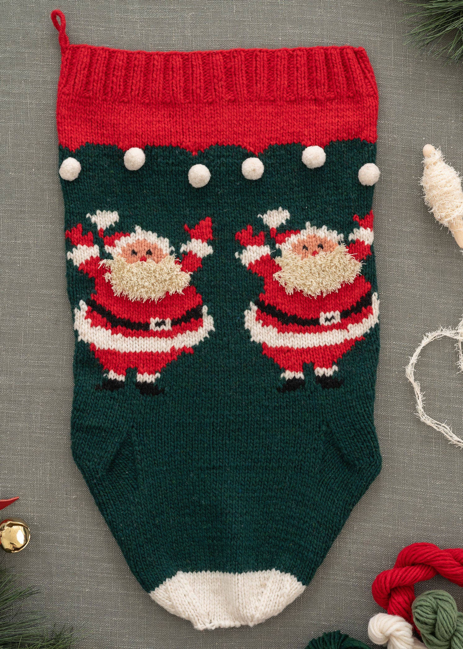 Santa Snowball Christmas Stocking Knititng kit flat