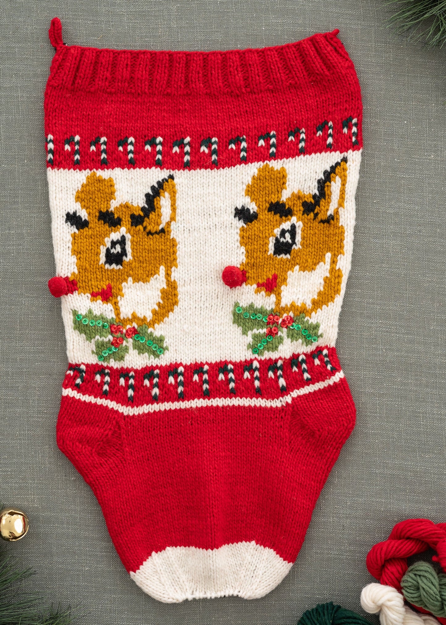 Reindeer Christmas Stocking Knitting kit flat