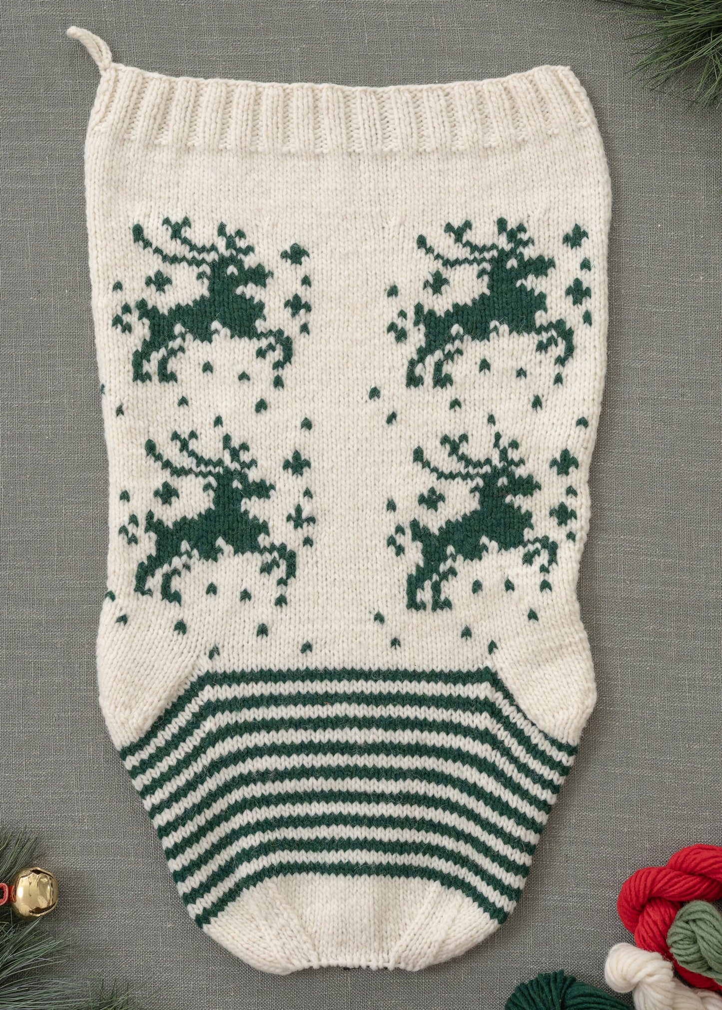 Christmas Stocking Knitting Kit White Green Deer flat