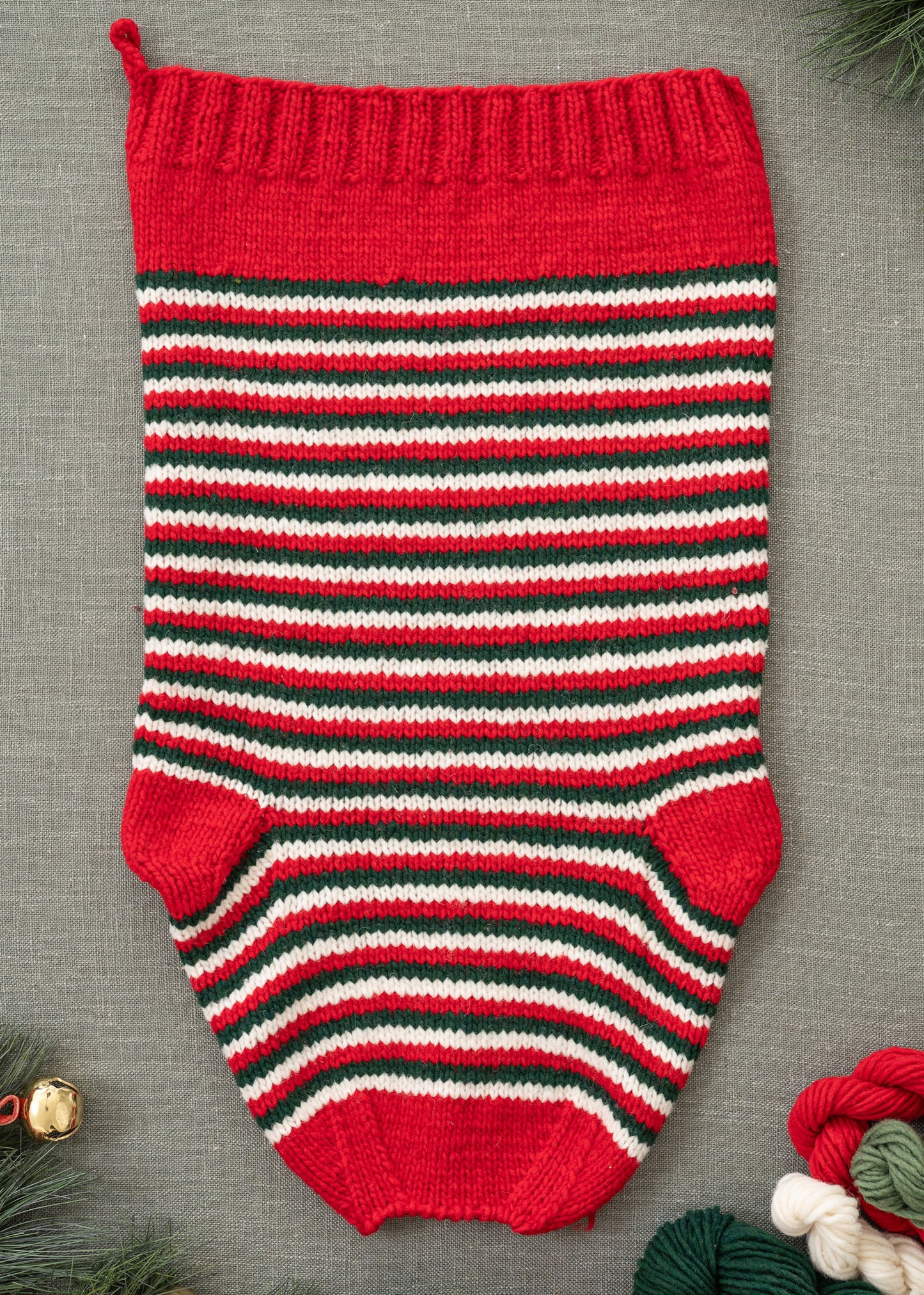 Red White Green Striped Stocking Knitting Kit Flat