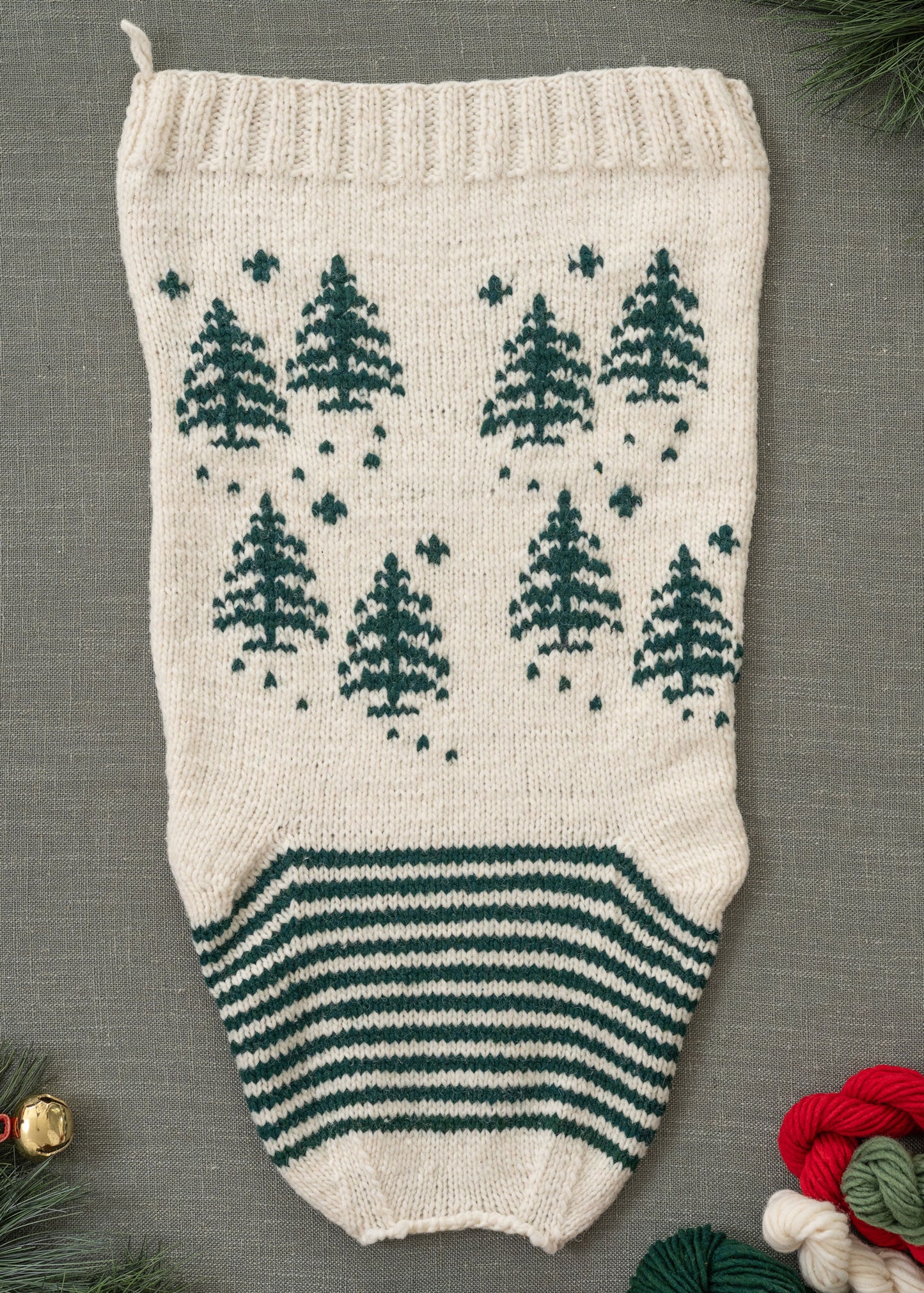 White Green Tree Christmas Stocking Knitting Kit flat